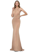 Champagne Halter Evening Dresses featuring Straps Keyhole Neckline and Mermaid Fit to Elevate