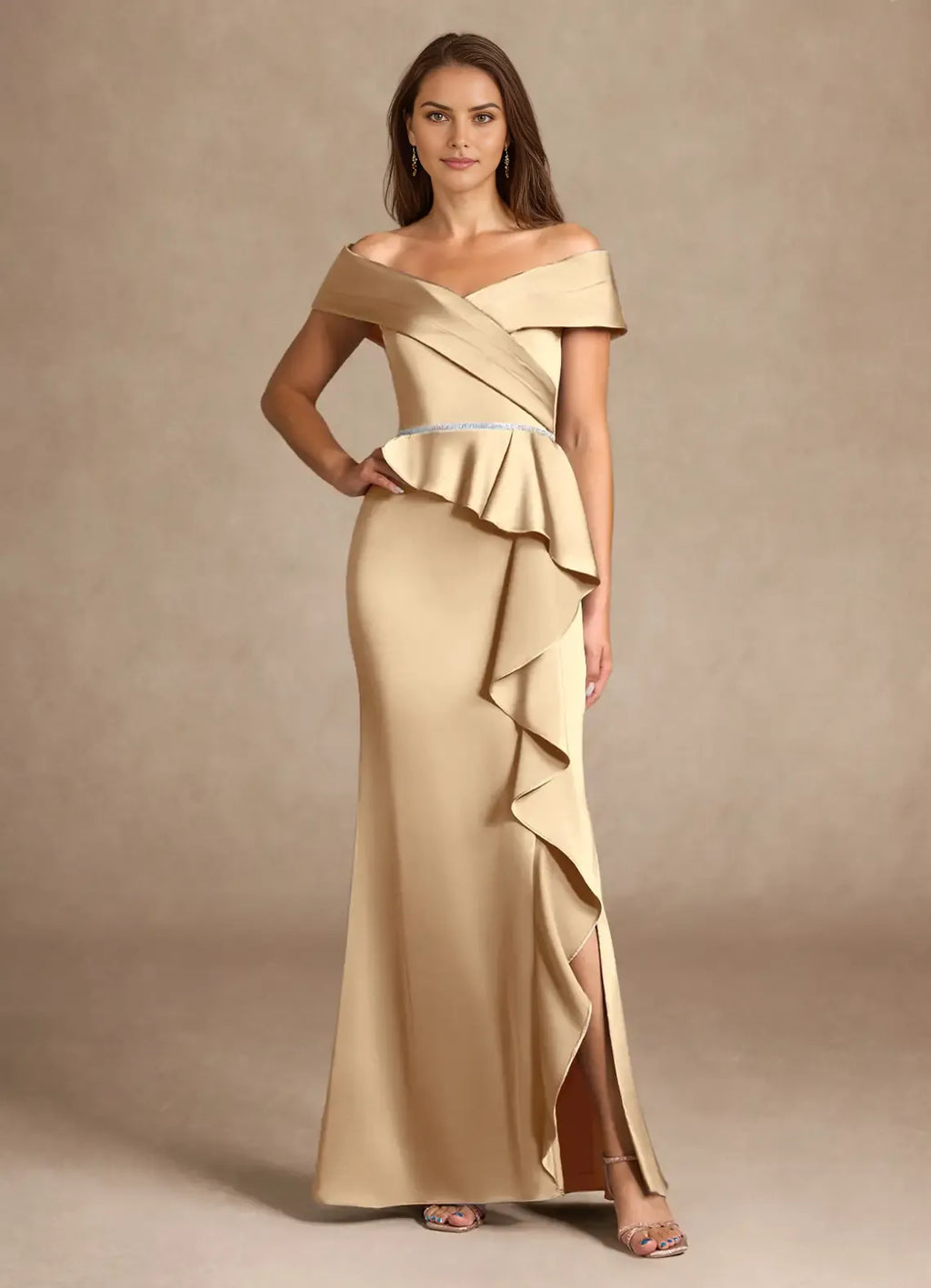 Champagne Mermaid Off the Shoulder Cold Shoulder Sleeve Ruffled Back Zip High-Slit Floor-Length Mother of the Bride Dress