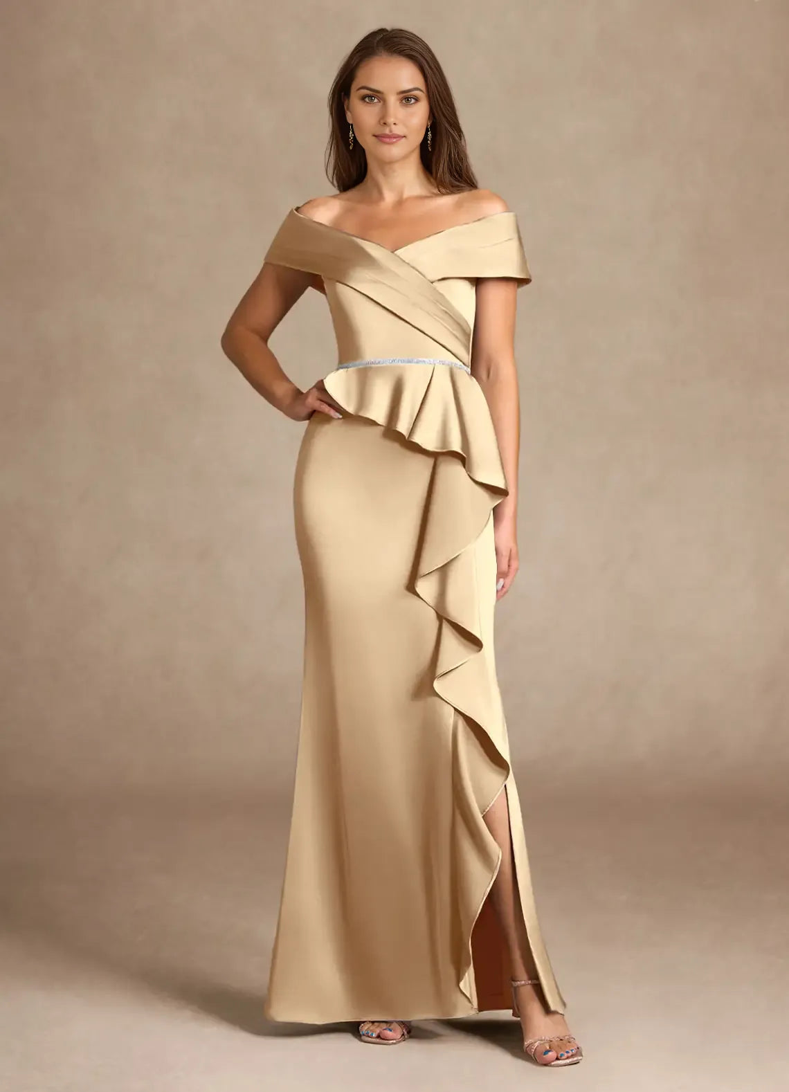 Champagne Mermaid Off the Shoulder Cold Shoulder Sleeve Ruffled Back Zip High-Slit Floor-Length Mother of the Bride Dress
