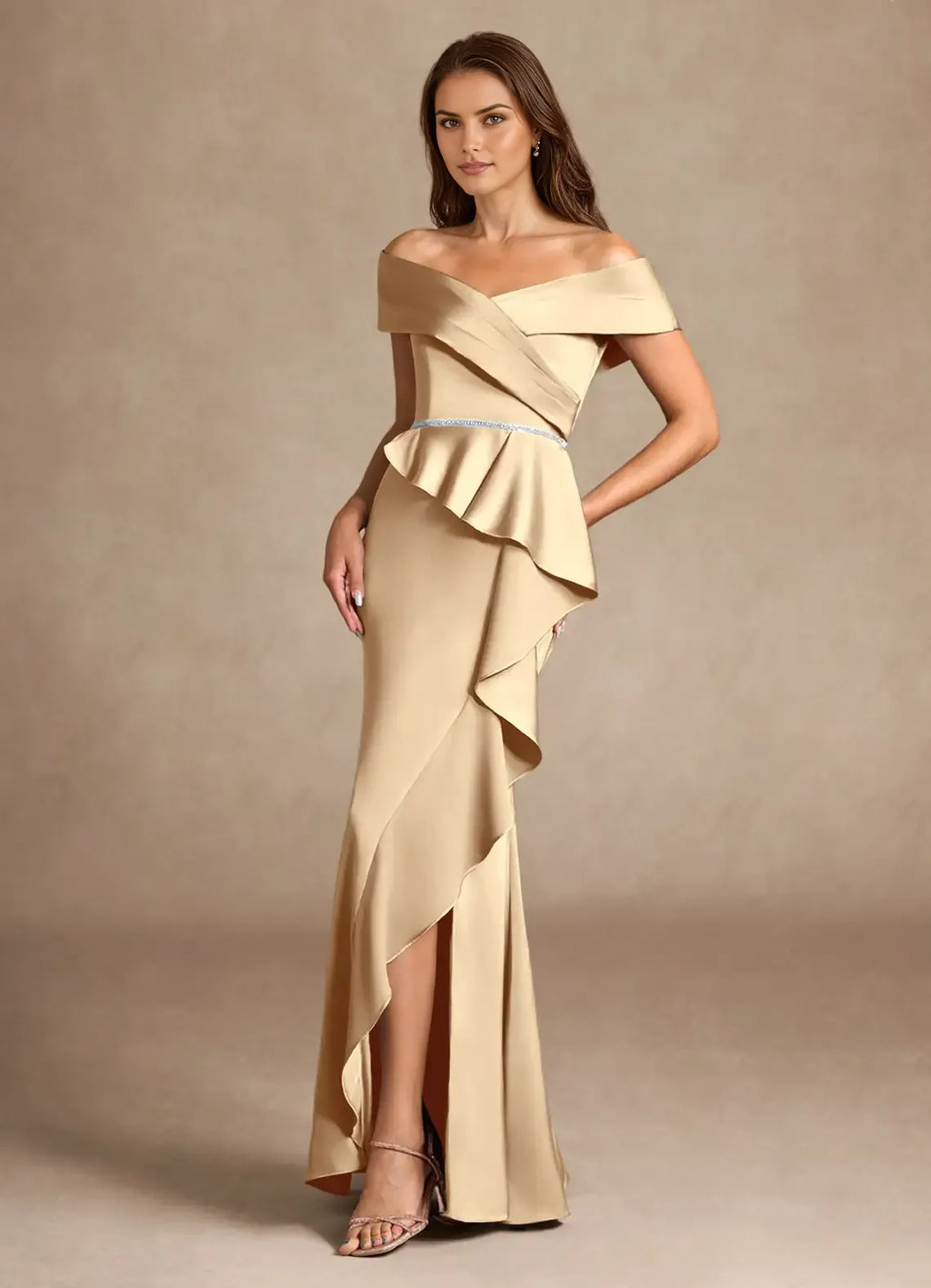 Champagne Mermaid Off the Shoulder Cold Shoulder Sleeve Ruffled Back Zip High-Slit Floor-Length Mother of the Bride Dress