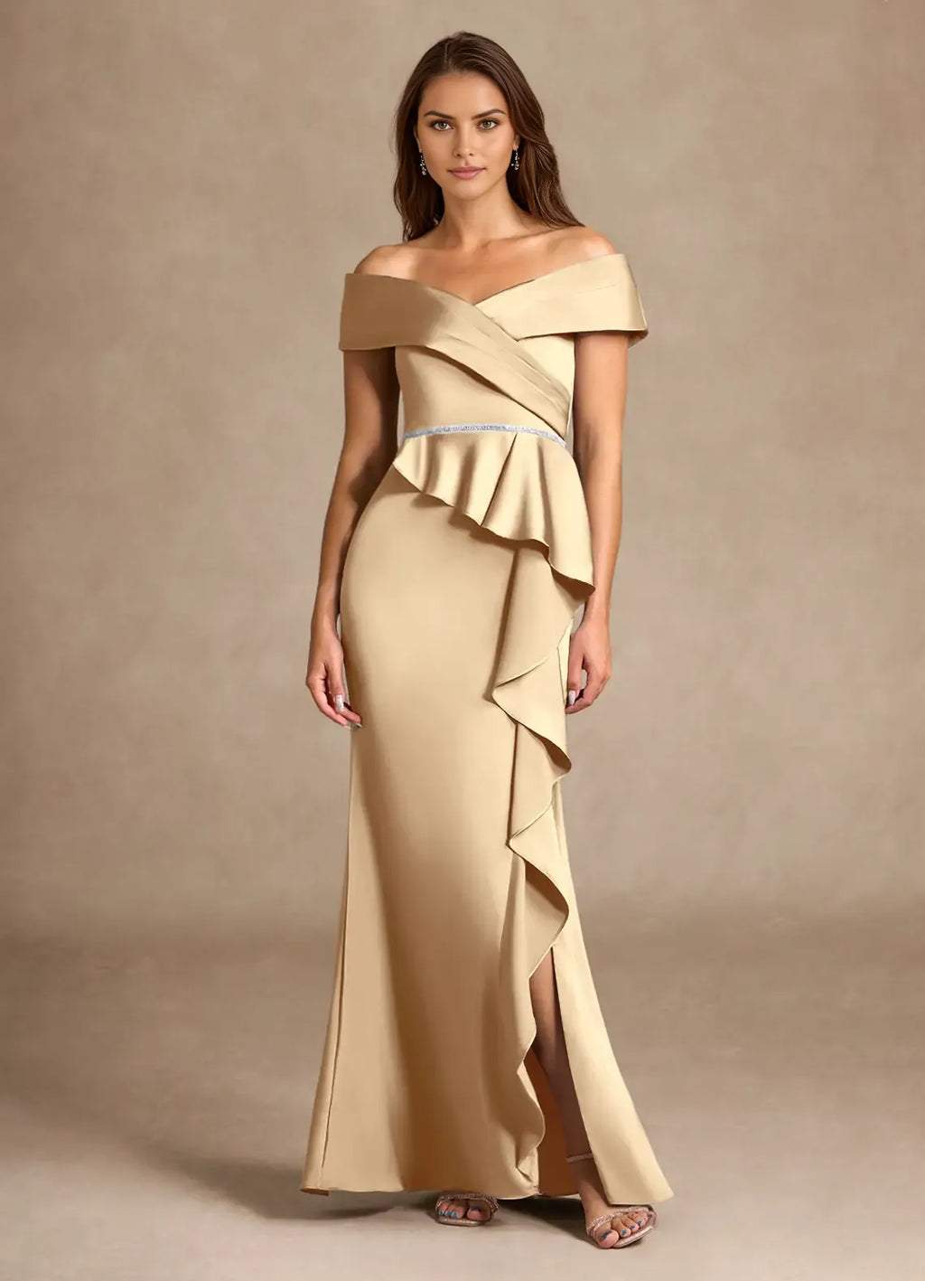 Champagne Mermaid Off the Shoulder Cold Shoulder Sleeve Ruffled Back Zip High-Slit Floor-Length Mother of the Bride Dress