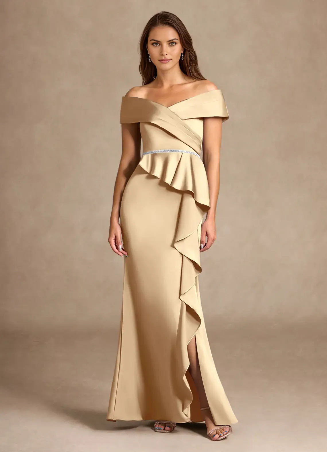 Champagne Mermaid Off the Shoulder Cold Shoulder Sleeve Ruffled Back Zip High-Slit Floor-Length Mother of the Bride Dress