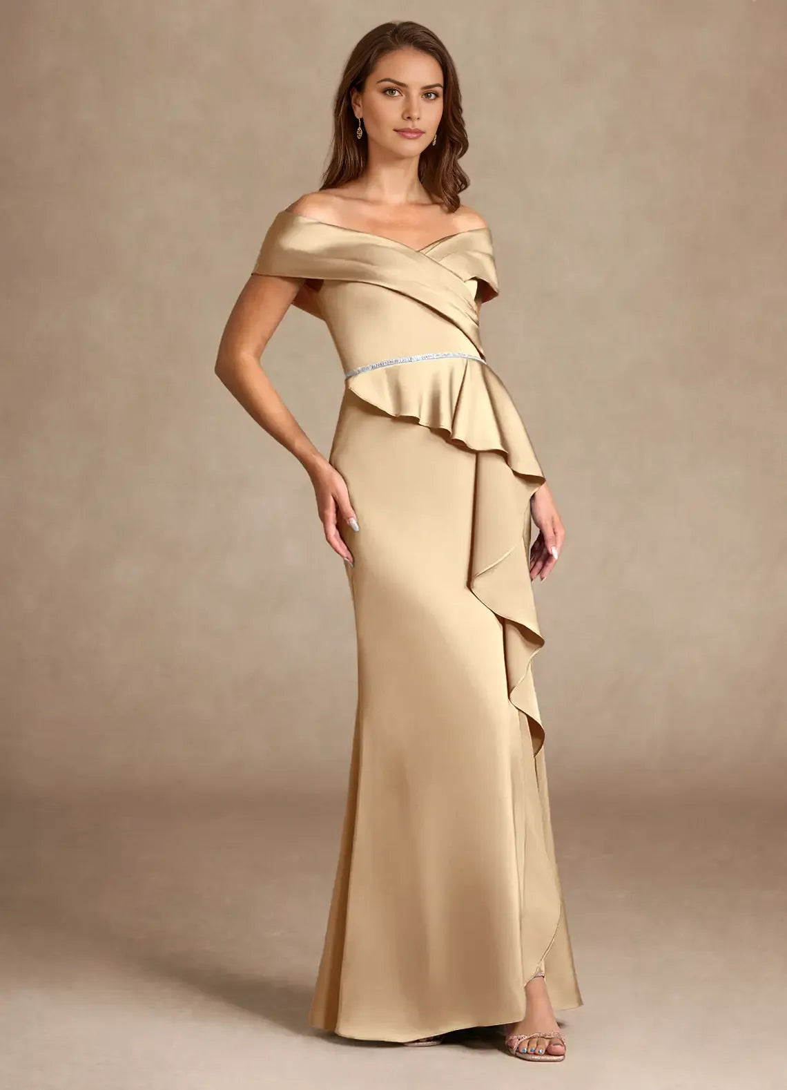 Champagne Mermaid Off the Shoulder Cold Shoulder Sleeve Ruffled Back Zip High-Slit Floor-Length Mother of the Bride Dress