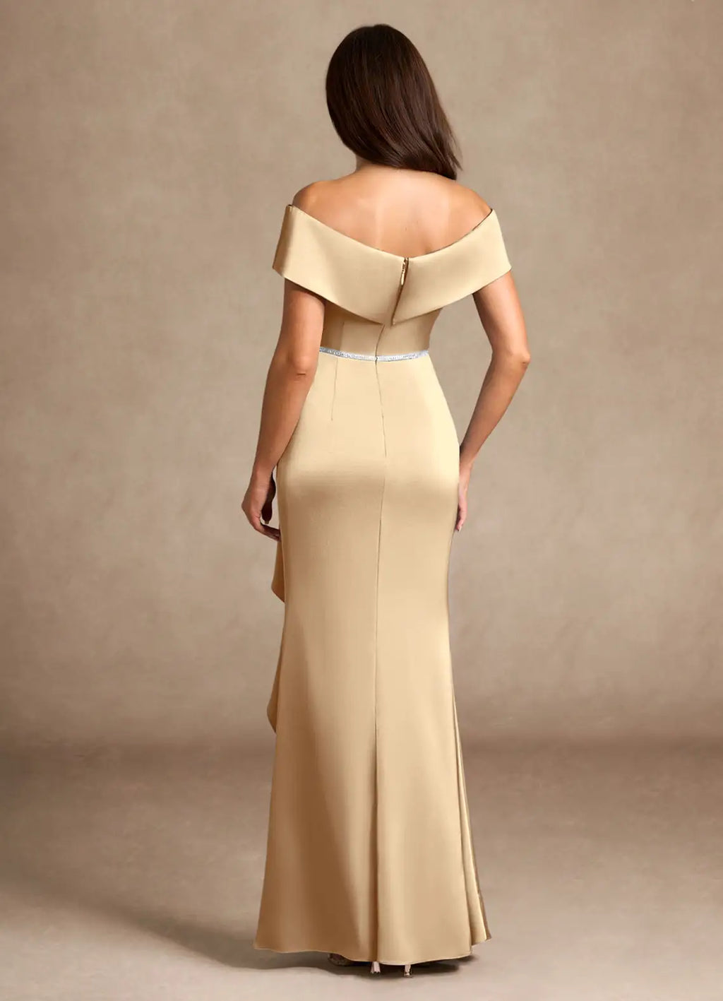 Champagne Mermaid Off the Shoulder Cold Shoulder Sleeve Ruffled Back Zip High-Slit Floor-Length Mother of the Bride Dress