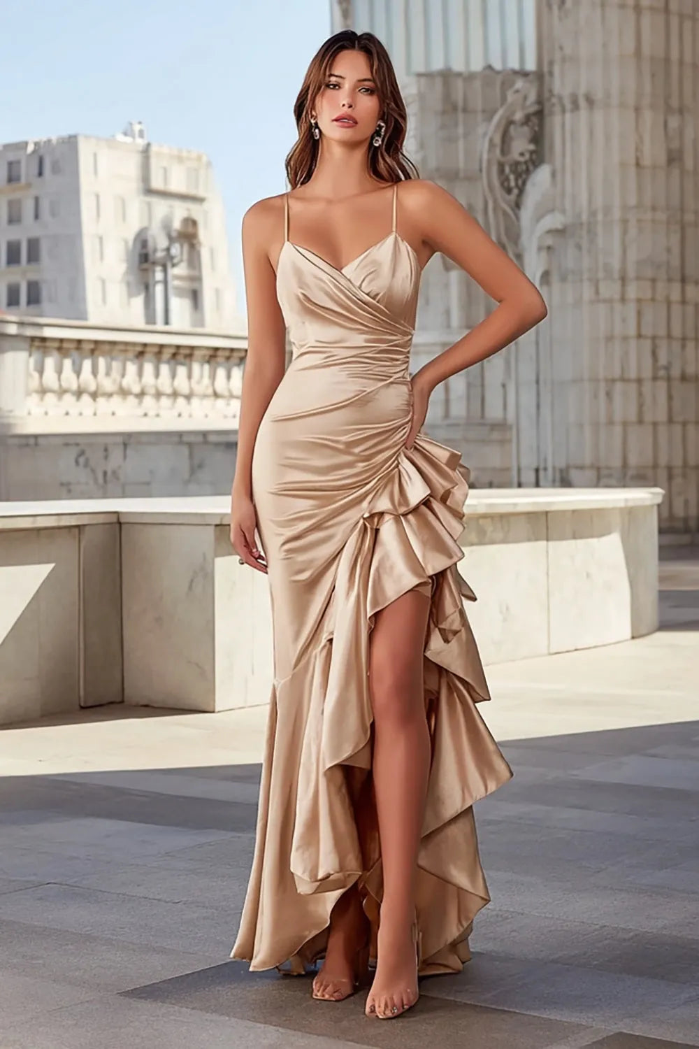 Champagne Mermaid Spaghetti Straps Sleeveless Ruffled Bodice Backless High-Low Prom Dress with Slit
