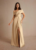 Champagne One - Shoulder Mother of the Bride Dress with Asymmetric Drape High Side Slit A-Line