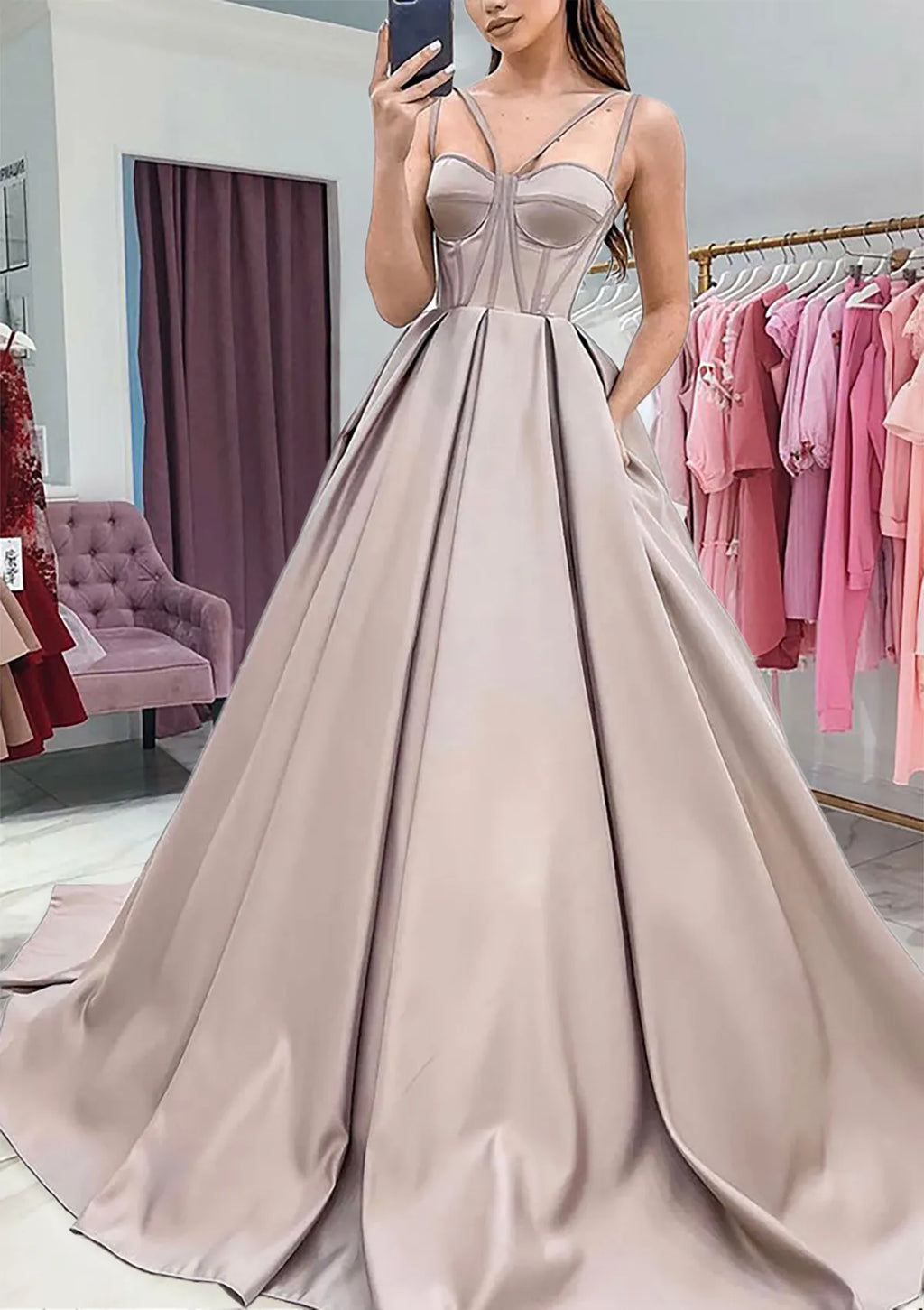 Champagne Ball Gown with Spaghetti Straps Corset Bodice Voluminous Skirt Perfect for Royal Themed Proms Tie Galas Formal Evening Weddings
