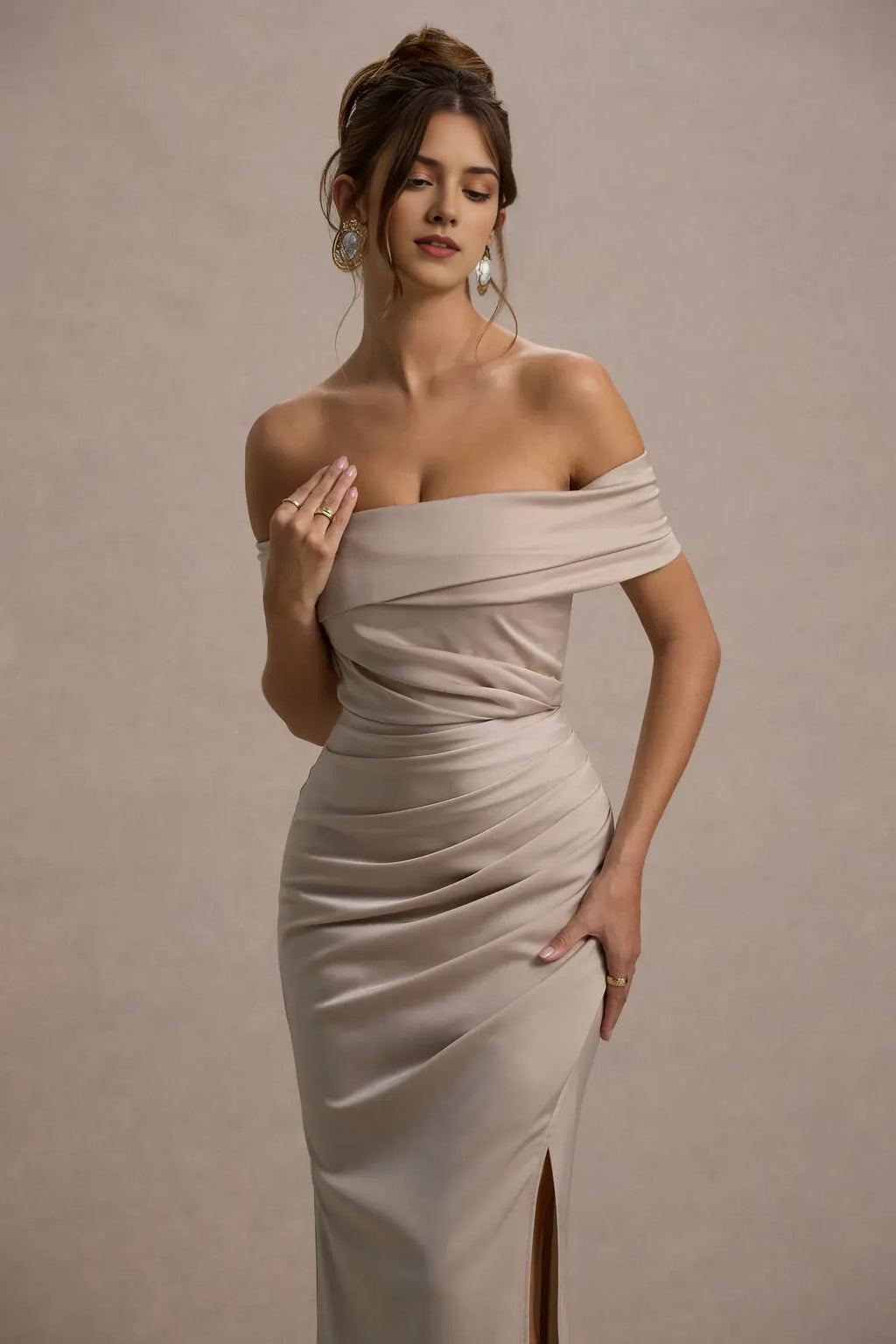 Champagne Bardot Wrap Prom Dresses Draped Ruched Detail Side Slit Luxurious Silhouette A Perfect Blend of Sophistication