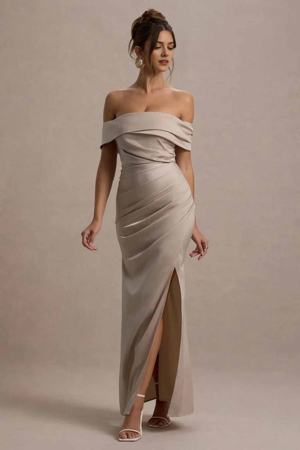 Champagne Bardot Wrap Prom Dresses Draped Ruched Detail Side Slit Luxurious Silhouette A Perfect Blend of Sophistication