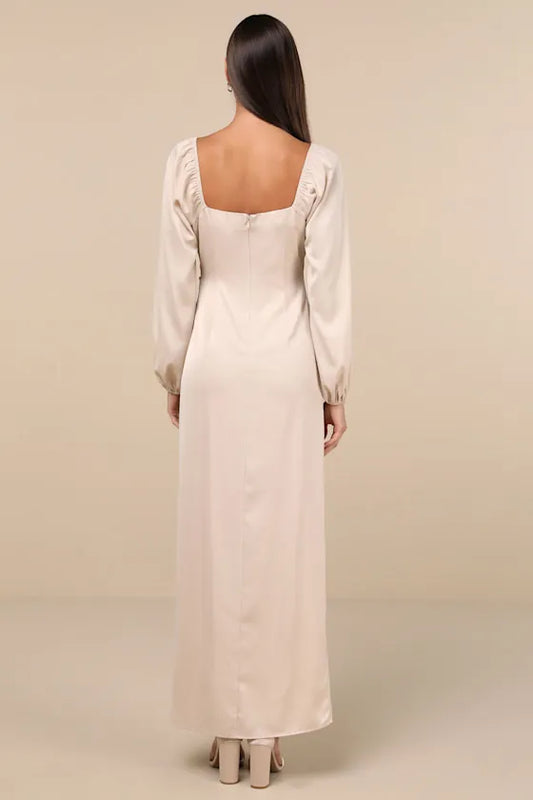 Luxurious Champagne Slit A-Line Square-Neck Classic-Sleeve Classic-Back Floor-Length Evening Dress