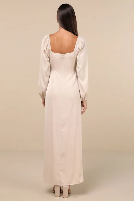 Champagne Evening Dresses with Square Neckline Puff Sleeves and Side Slit Perfect for Formal Galas