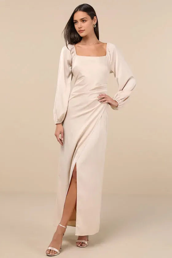 Champagne Evening Dresses with Square Neckline Puff Sleeves and Side Slit Perfect for Formal Galas