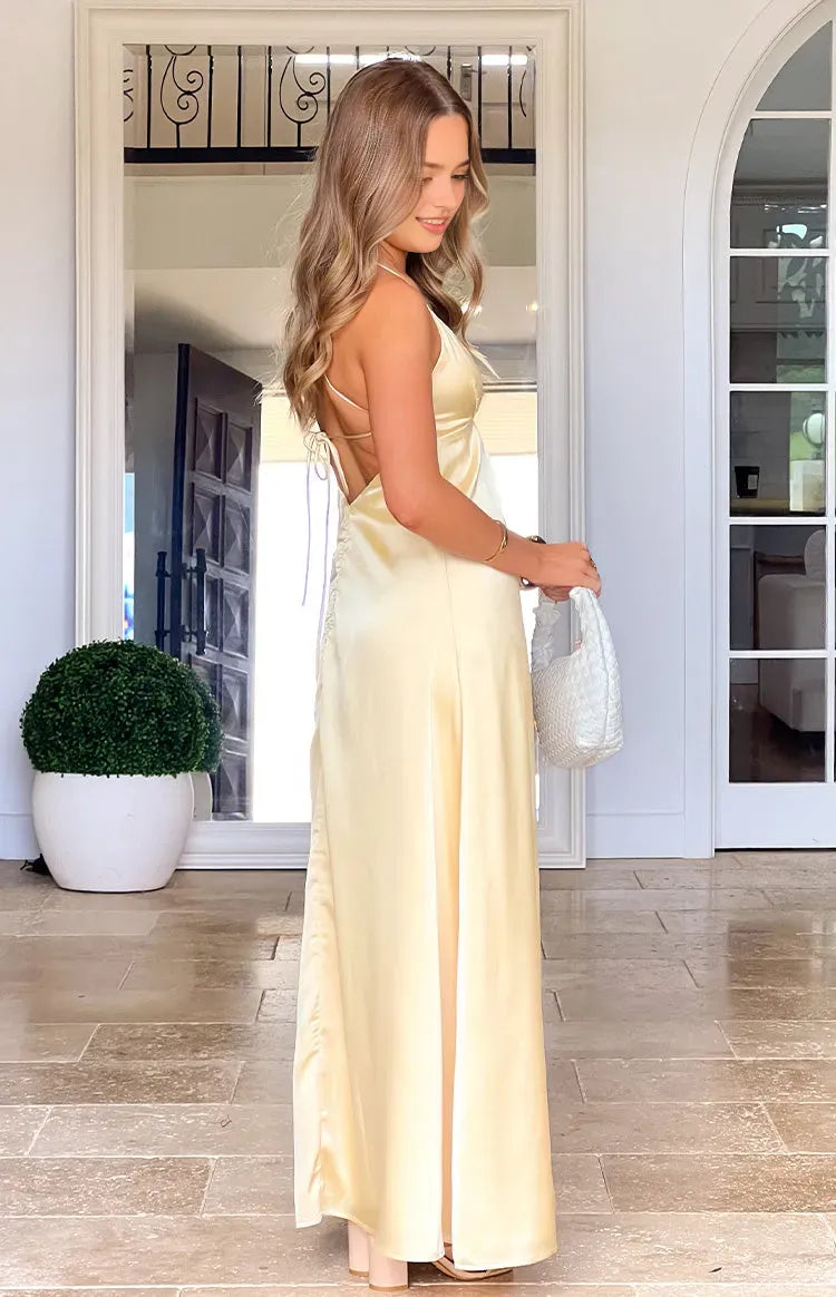 Champagne Prom Dress Spaghetti Straps Plunging V Neck Floor Length Silhouette for a Sophisticated Look
