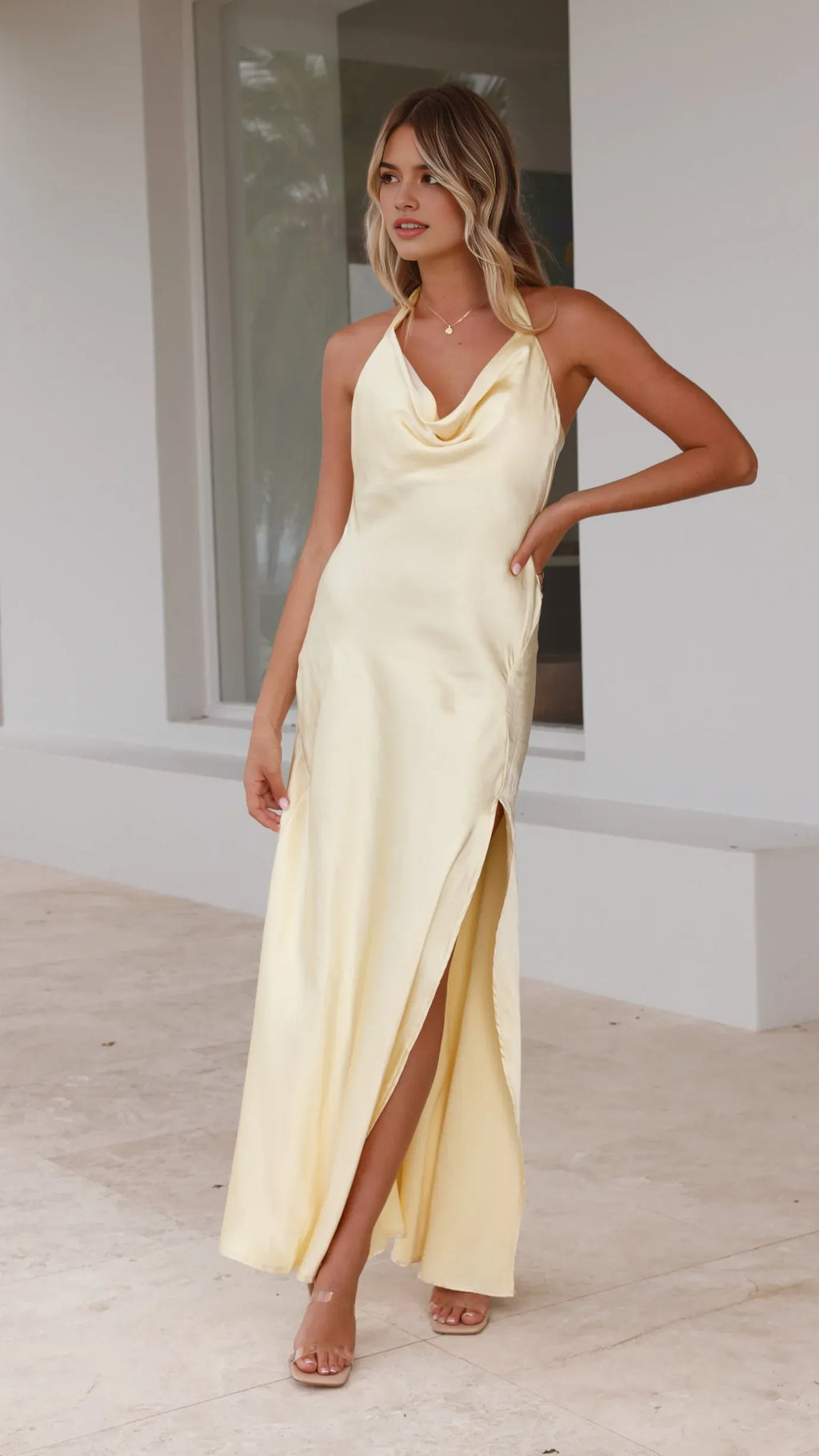 Champagne Prom Dress with Cowl Neckline Halter Straps Side Slit for women Formal