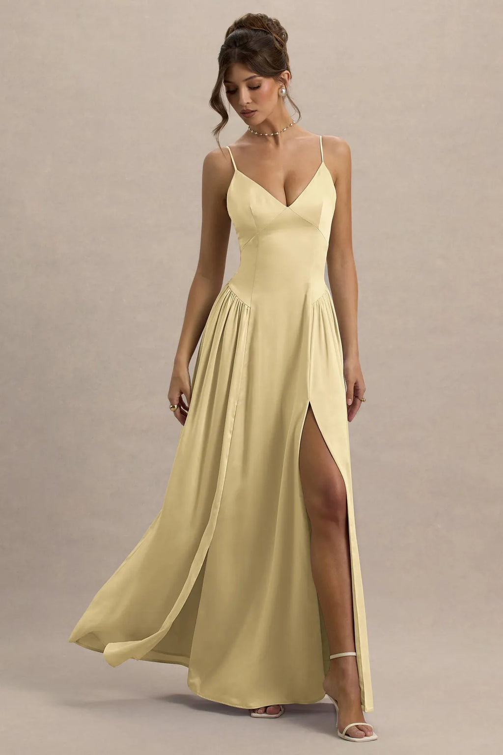 Champagne Prom Dress with Spaghetti Straps Deep V - Neckline Pleated Skirt High Side Slit Ideal for Formal Galas Weddings and Evening Soirees