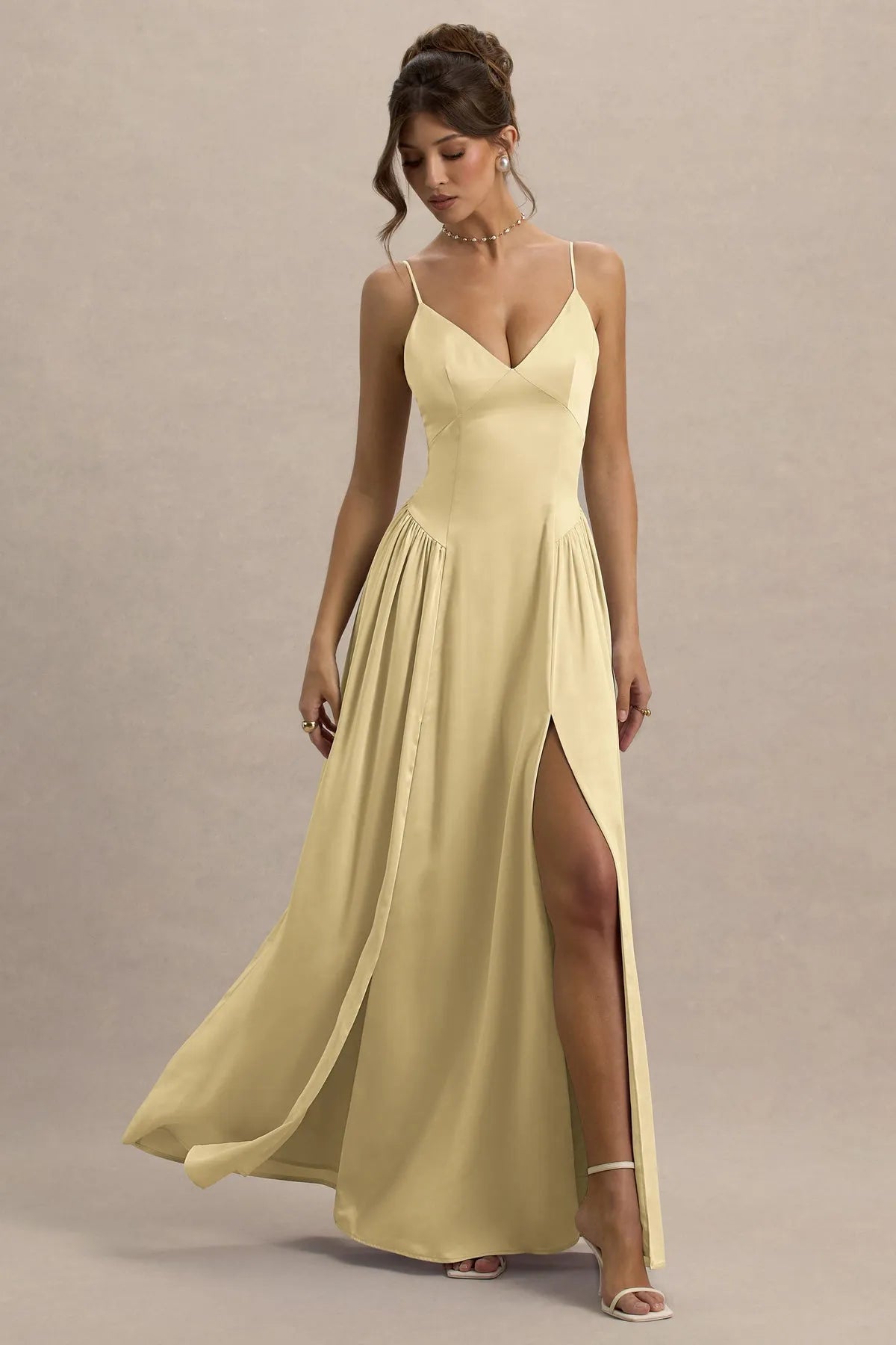Champagne Prom Dress with Spaghetti Straps Deep V - Neckline Pleated Skirt High Side Slit Ideal for Formal Galas Weddings and Evening Soirees