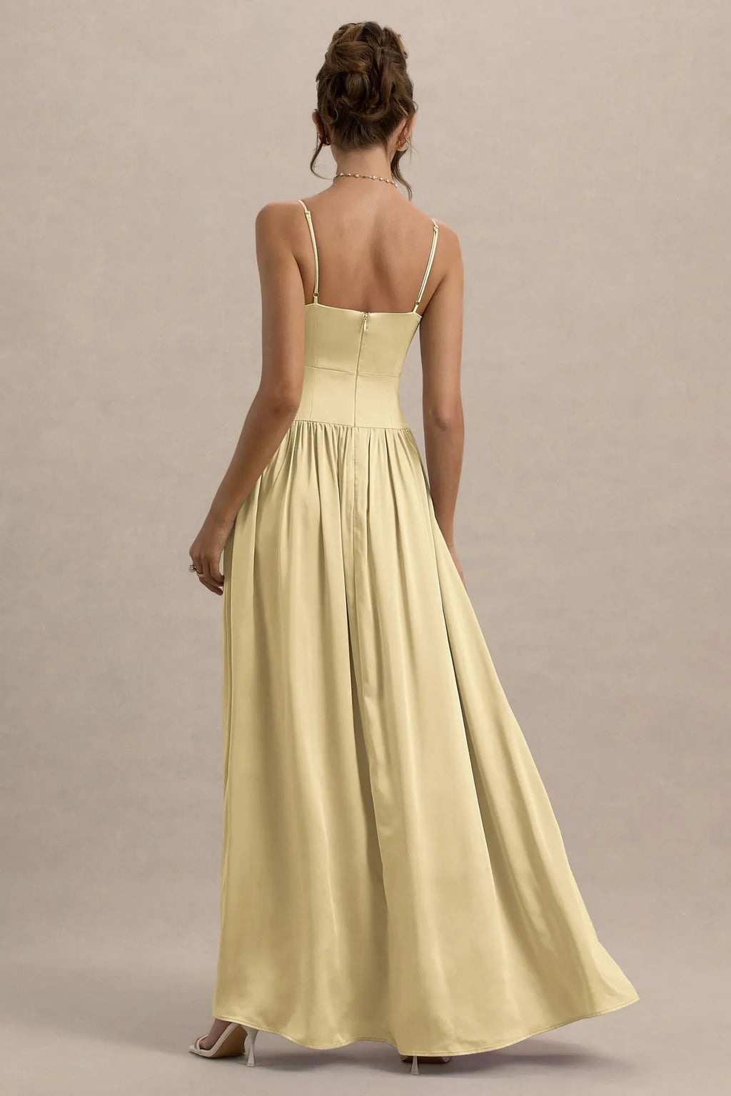 Champagne Prom Dress with Spaghetti Straps Deep V - Neckline Pleated Skirt High Side Slit Ideal for Formal Galas Weddings and Evening Soirees