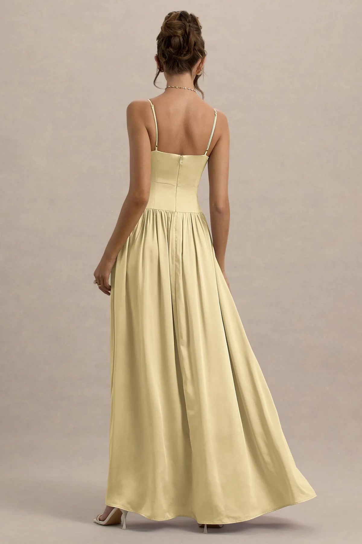 Champagne Prom Dress with Spaghetti Straps Deep V - Neckline Pleated Skirt High Side Slit Ideal for Formal Galas Weddings and Evening Soirees