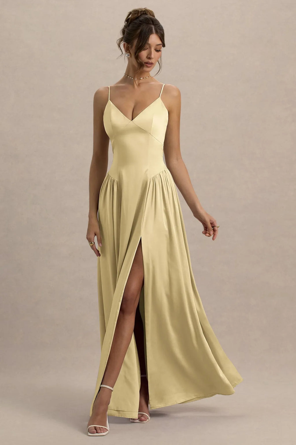 Champagne Prom Dress with Spaghetti Straps Deep V - Neckline Pleated Skirt High Side Slit Ideal for Formal Galas Weddings and Evening Soirees