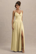Champagne Prom Dress with Spaghetti Straps Deep V - Neckline Pleated Skirt High Side Slit Ideal for Formal Galas Weddings and Evening Soirees
