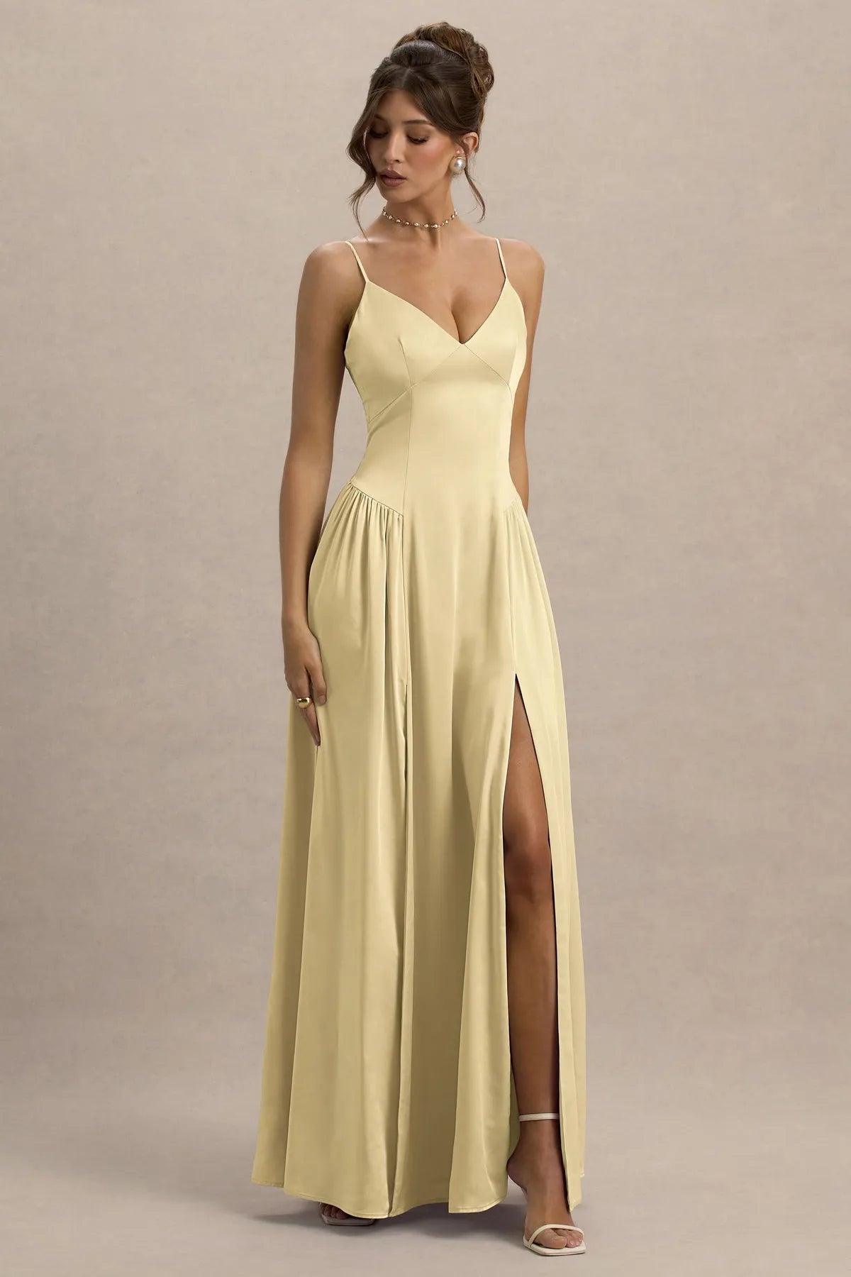 Champagne Prom Dress with Spaghetti Straps Deep V - Neckline Pleated Skirt High Side Slit Ideal for Formal Galas Weddings and Evening Soirees