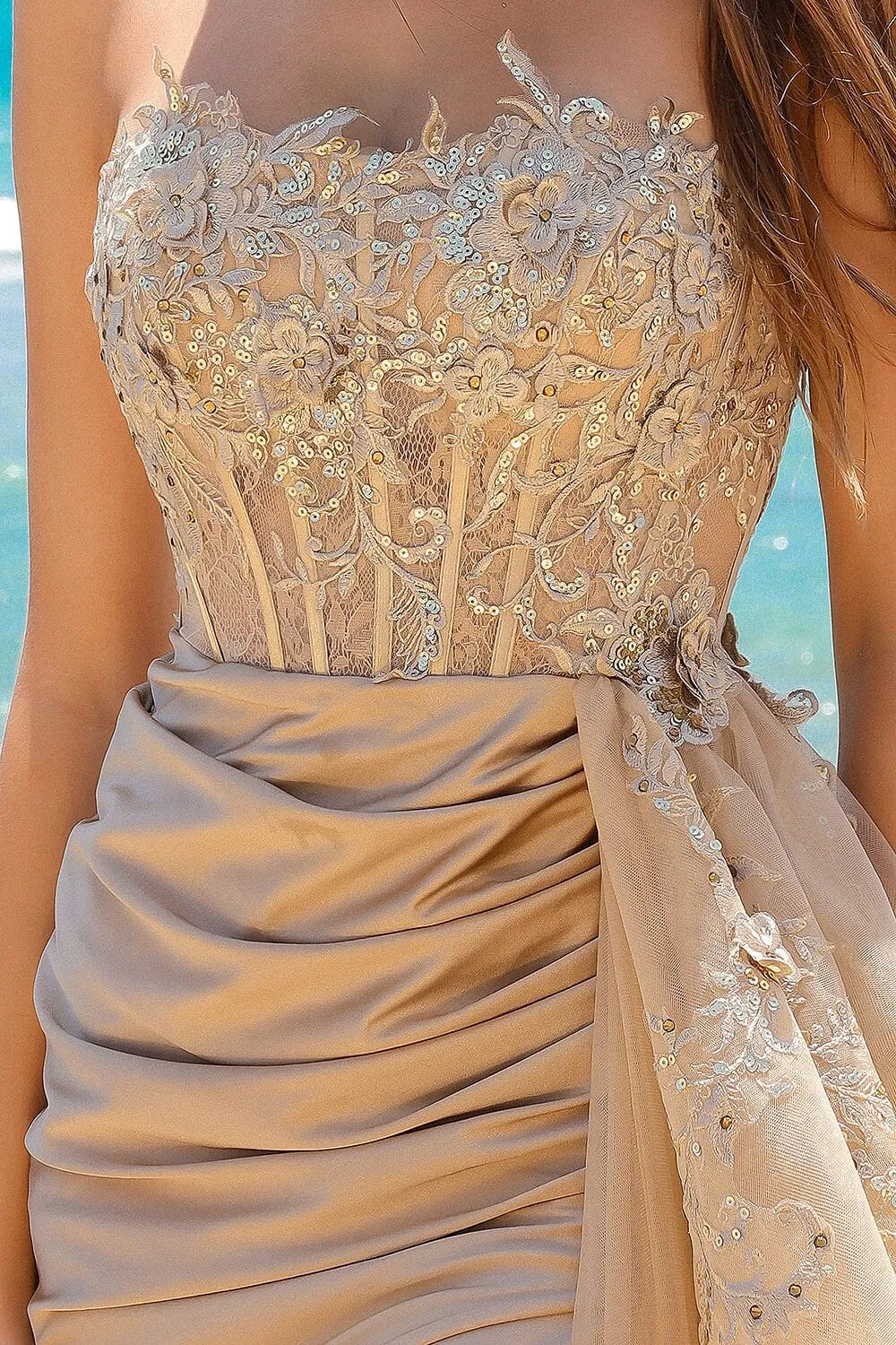 Champagne Strapless Prom Dress with Bodice Asymmetric Overlay and High Side Slit for Formal Occasions