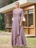 A-Line Scoop Neck Lace-Appliqued Bell-Sleeve Floor-Length Mother of the Bride Dress