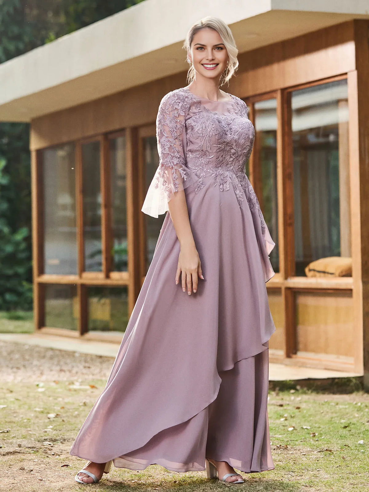 A-Line Scoop Neck Lace-Appliqued Bell-Sleeve Floor-Length Mother of the Bride Dress