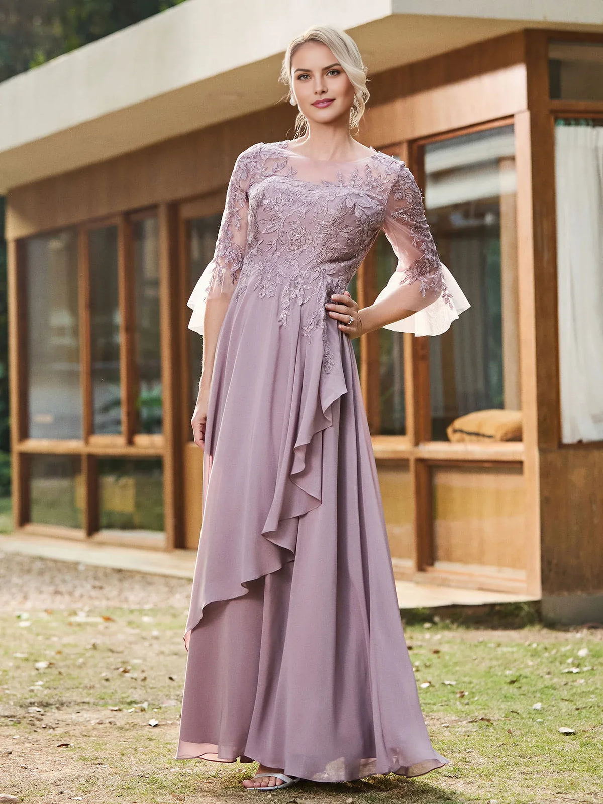 A-Line Scoop Neck Lace-Appliqued Bell-Sleeve Floor-Length Mother of the Bride Dress