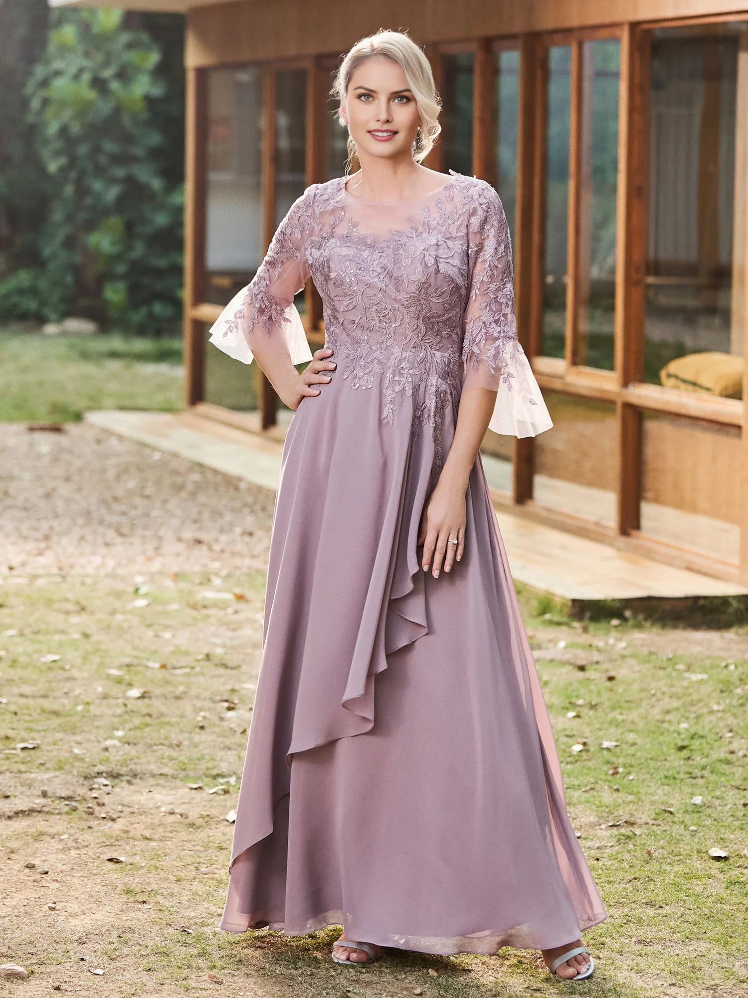 A-Line Scoop Neck Lace-Appliqued Bell-Sleeve Floor-Length Mother of the Bride Dress