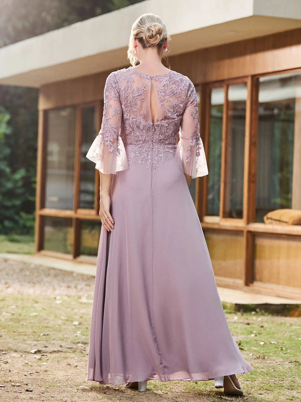 A-Line Scoop Neck Lace-Appliqued Bell-Sleeve Floor-Length Mother of the Bride Dress