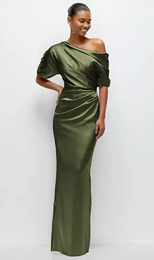 Beautiful Elegant Red Off-The-Shoulder Short Sleeve Floor-Length Mother of the Bride Dress