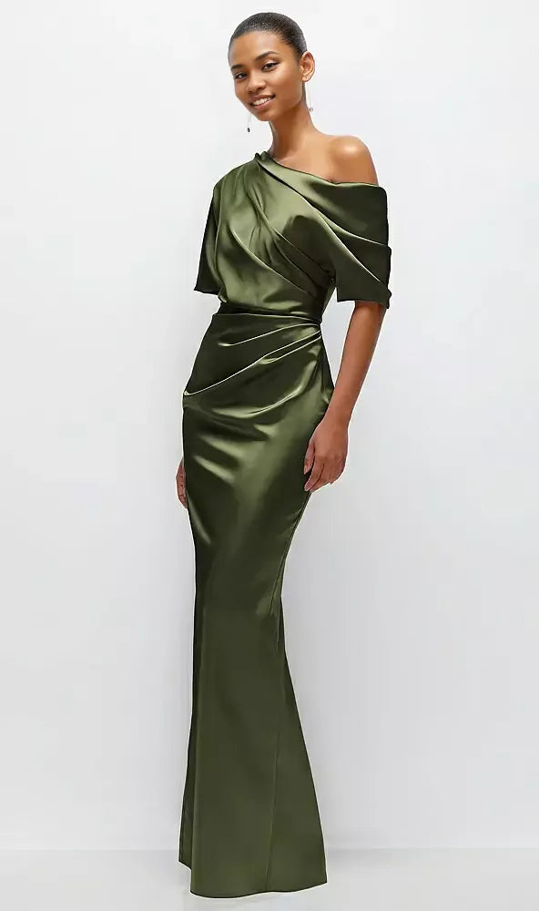 Beautiful Elegant Red Off-The-Shoulder Short Sleeve Floor-Length Mother of the Bride Dress