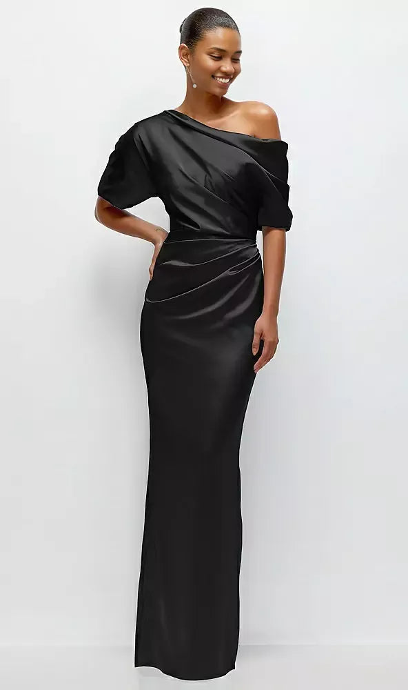 Beautiful Elegant Red Off-The-Shoulder Short Sleeve Floor-Length Mother of the Bride Dress