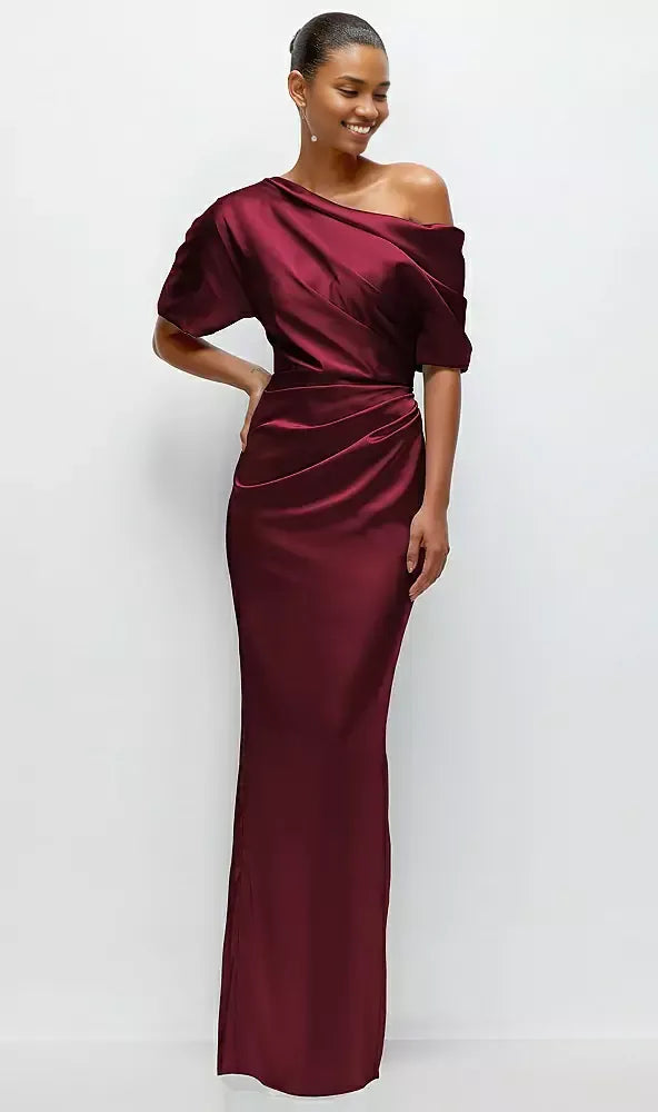 Beautiful Elegant Red Off-The-Shoulder Short Sleeve Floor-Length Mother of the Bride Dress