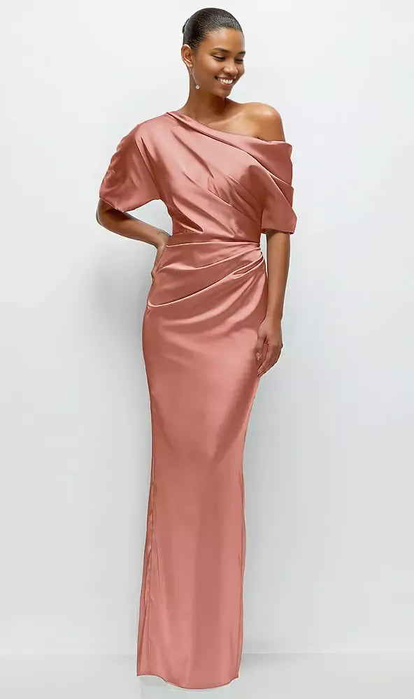 Beautiful Elegant Red Off-The-Shoulder Short Sleeve Floor-Length Mother of the Bride Dress