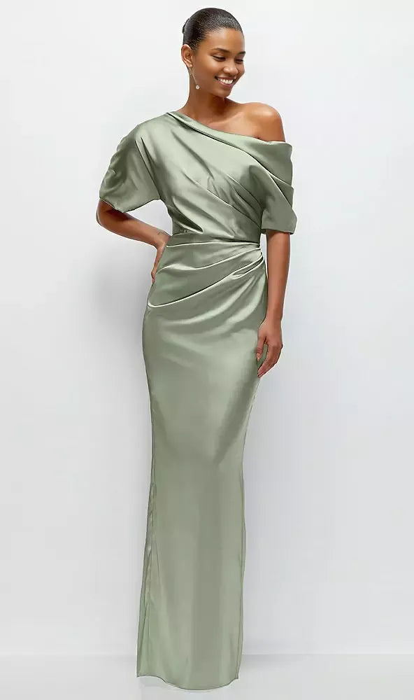 Beautiful Elegant Red Off-The-Shoulder Short Sleeve Floor-Length Mother of the Bride Dress