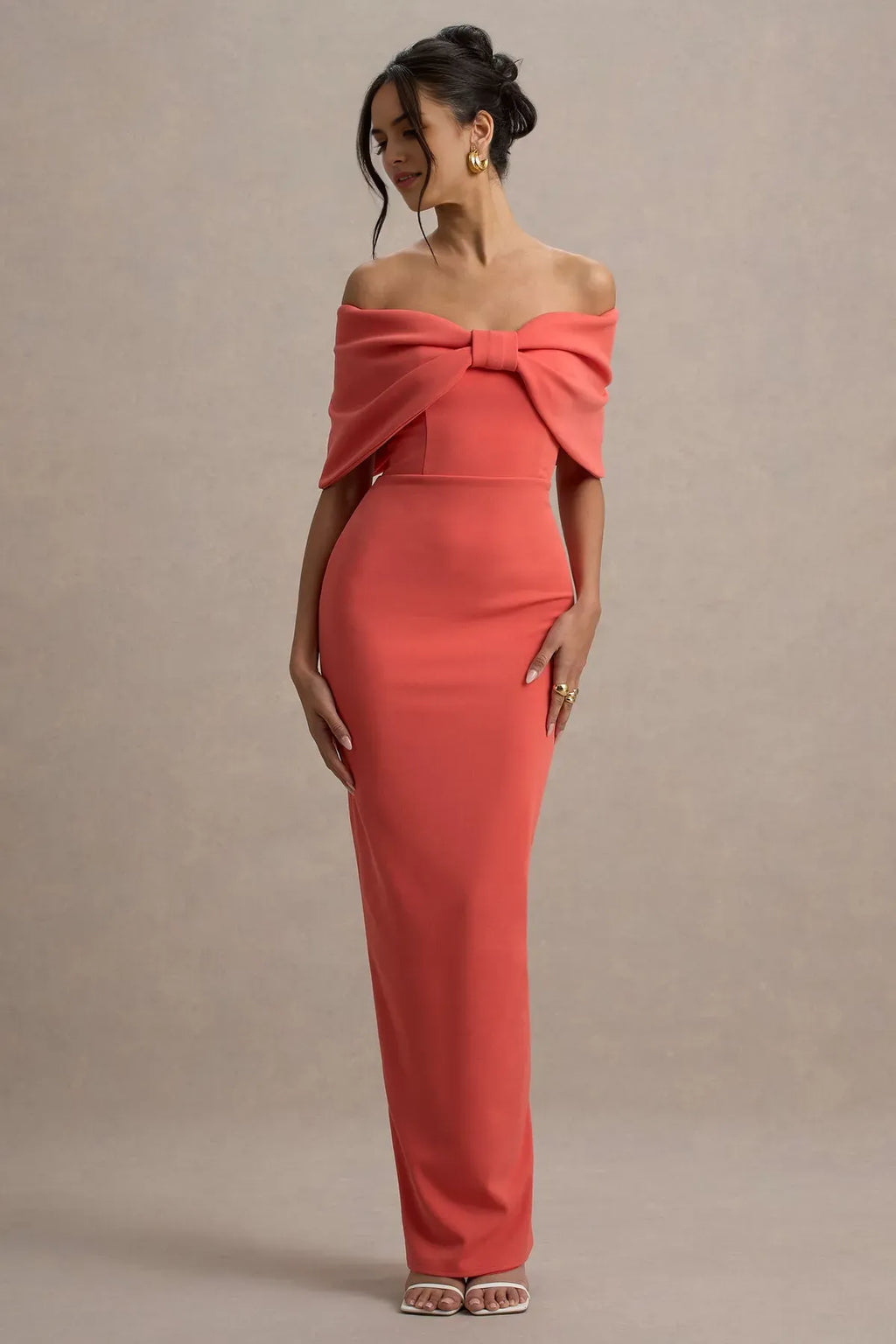 Coral Off - Shoulder Prom Dress with Bow Detail and Mermaid Silhouette for Formal Occasions