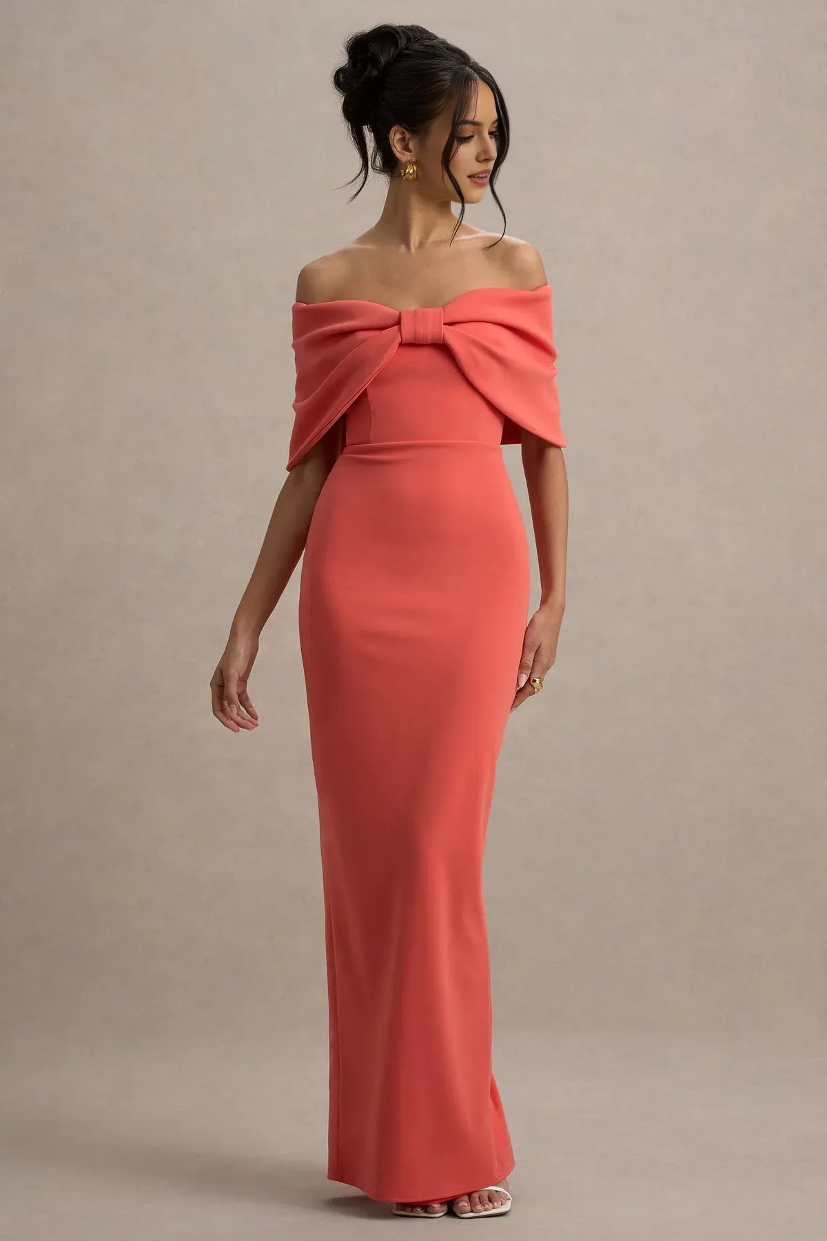 Coral Off - Shoulder Prom Dress with Bow Detail and Mermaid Silhouette for Formal Occasions