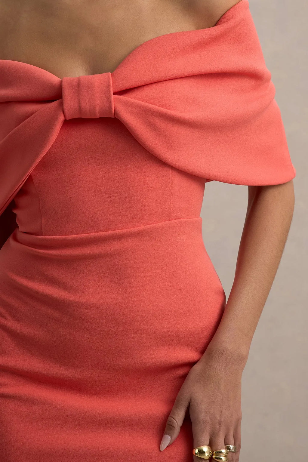 Coral Off - Shoulder Prom Dress with Bow Detail and Mermaid Silhouette for Formal Occasions