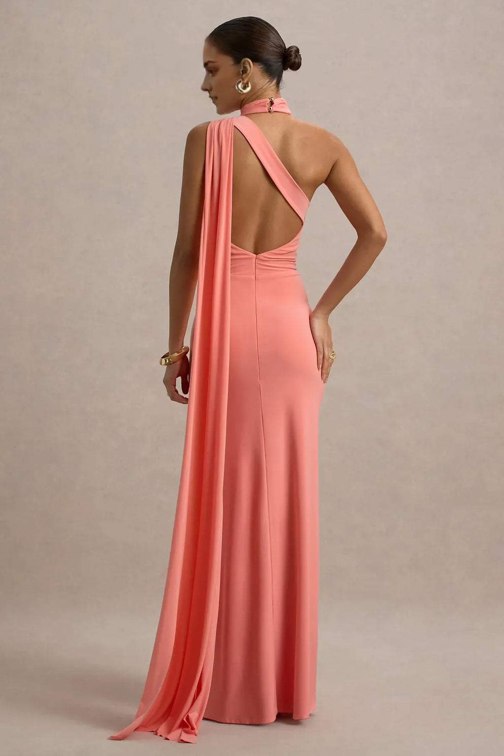 Coral One Prom Dresses with Choker Neckline Draped Cape Sleeve and Floral Ruched Detail – A Show - Stopping Maxi Dress for Proms Galas, and Luxury Evening Events