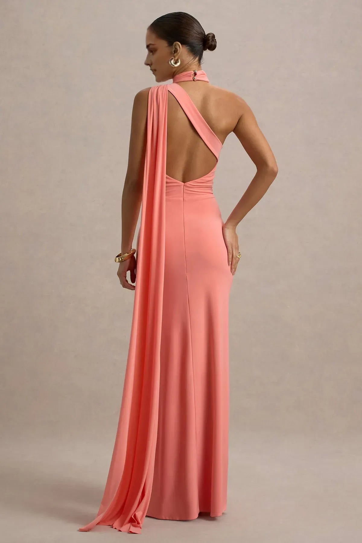Coral One Prom Dresses with Choker Neckline Draped Cape Sleeve and Floral Ruched Detail – A Show - Stopping Maxi Dress for Proms Galas, and Luxury Evening Events