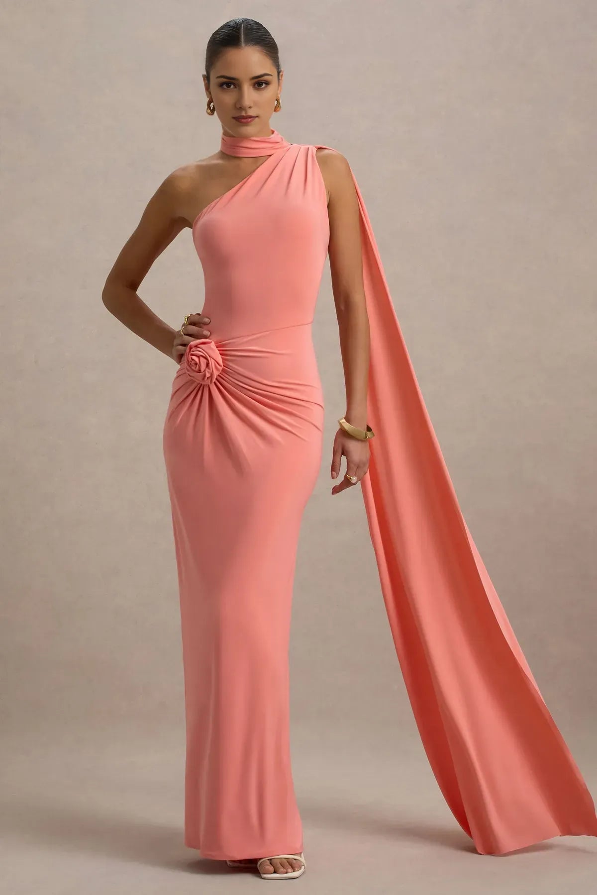 Coral One Prom Dresses with Choker Neckline Draped Cape Sleeve and Floral Ruched Detail – A Show - Stopping Maxi Dress for Proms Galas, and Luxury Evening Events