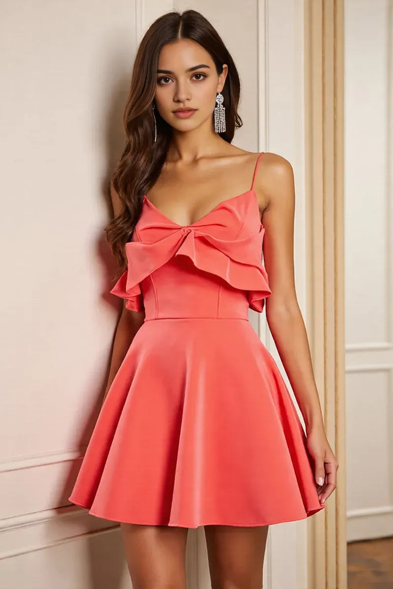 Coral Homecoming Dress with Bow Front Detail and Flared Skirt