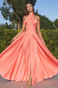 Coral One Shoulder Ball Gown with Criss Cross Bodice Cutout Flowy Maxi Prom Dress featuring Front Slit for Formal Evening Events Galas and Sophisticated Occasions