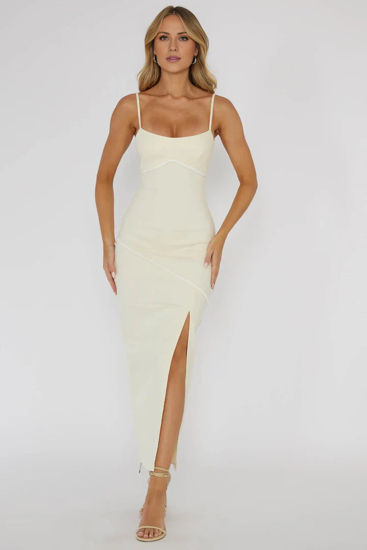 Cream Spaghetti Strap High-Slit Bodycon Midi Prom Dress