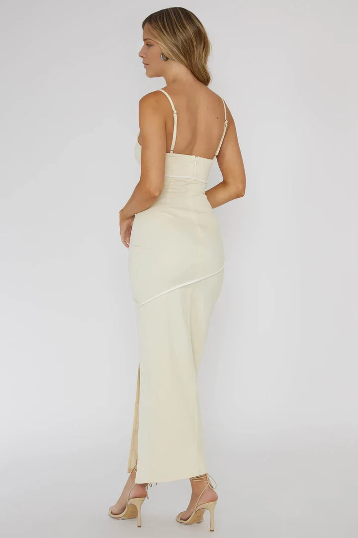 Cream Spaghetti Strap High-Slit Bodycon Midi Prom Dress