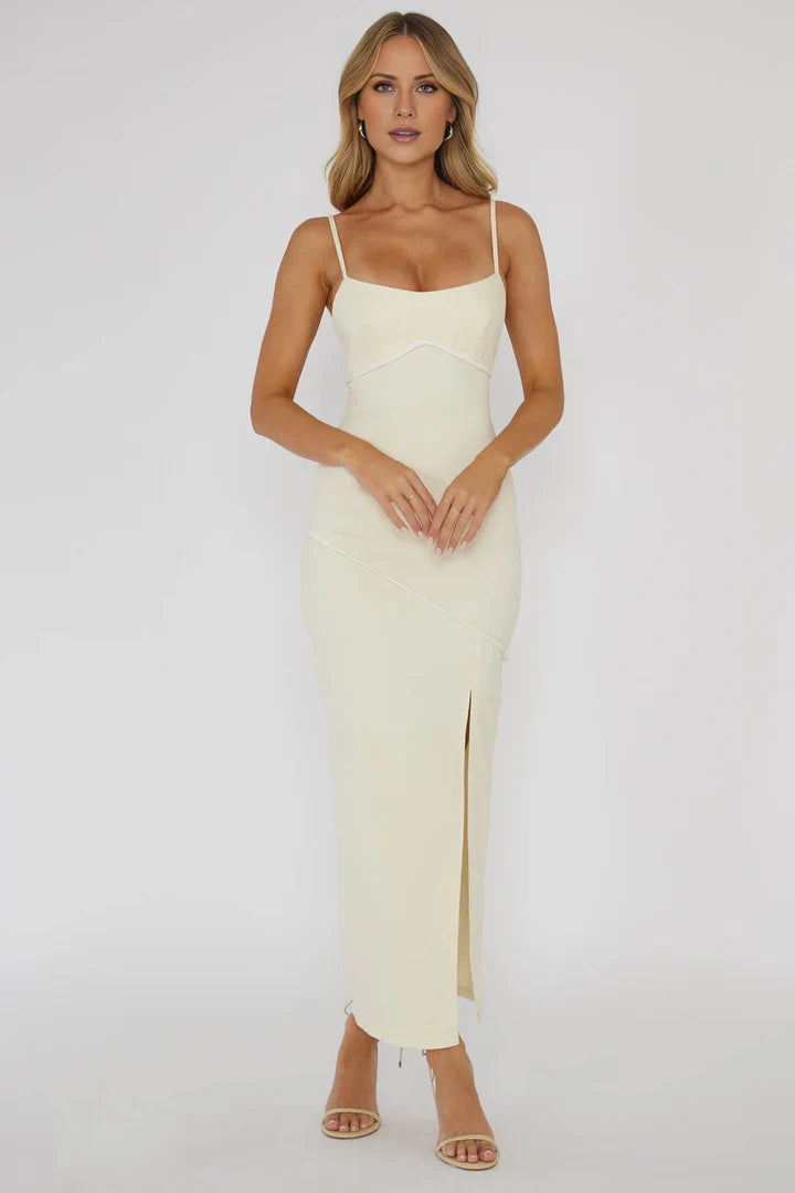 Cream Spaghetti Strap High-Slit Bodycon Midi Prom Dress