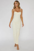 Cream Spaghetti Strap High-Slit Bodycon Midi Prom Dress