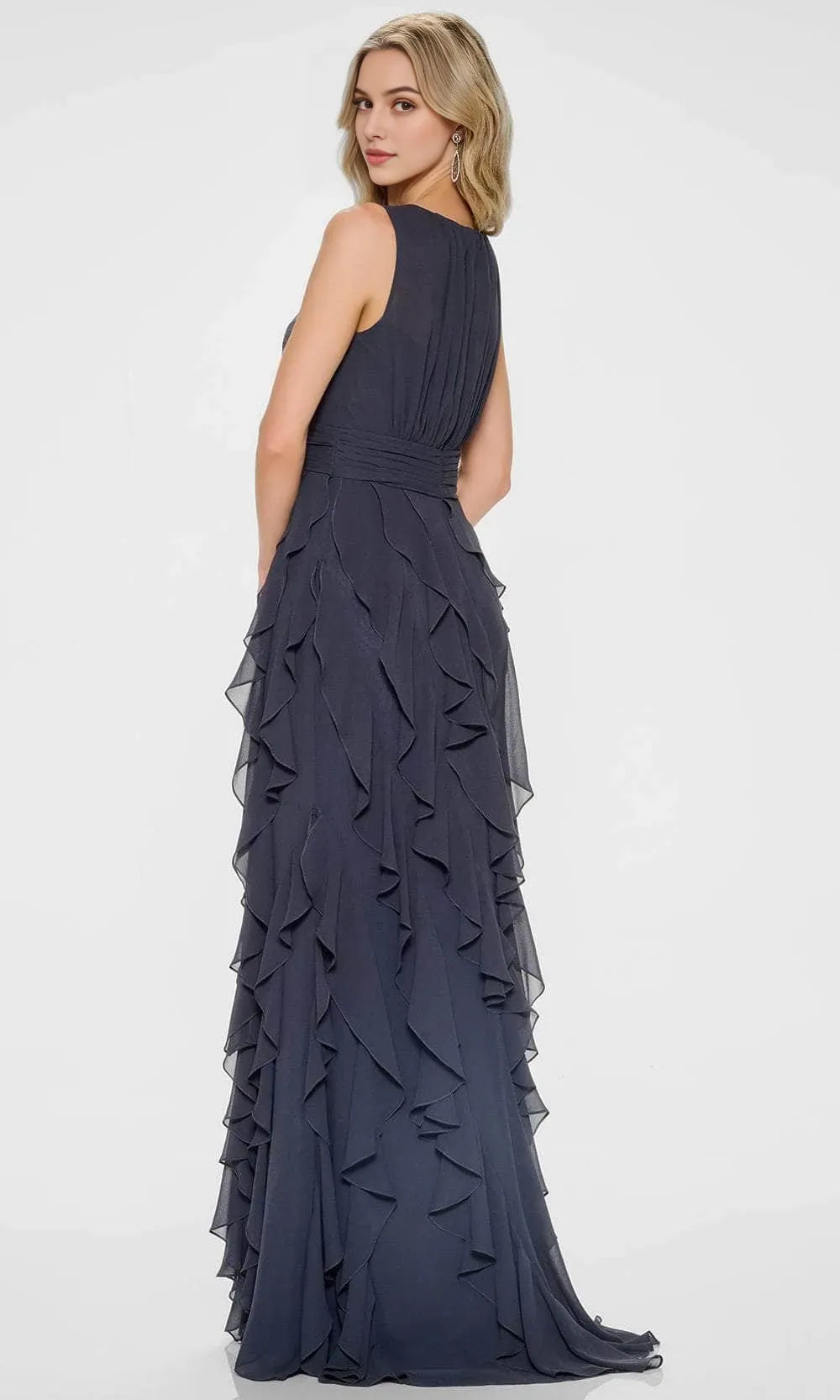 Gray Dark Gray Evening Dresses with Sleeveless Design Keyhole Neckline Accentuated by Sparkling Detailing Ruched Waist and Tie Ruffled Skirt for Formal Galas and Special Occasions